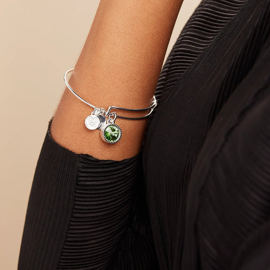 August Birthstone Charm Bangle with Peridot, silver tone bracelet by ALEX AND ANI on Tampa Home & Garden Store