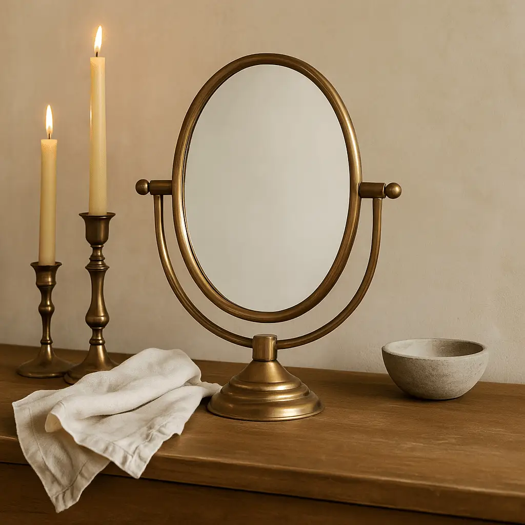 Austine Framed Mirror on Stand Antique Brass with oval brass frame atop wooden surface on Tampa Home & Garden Store