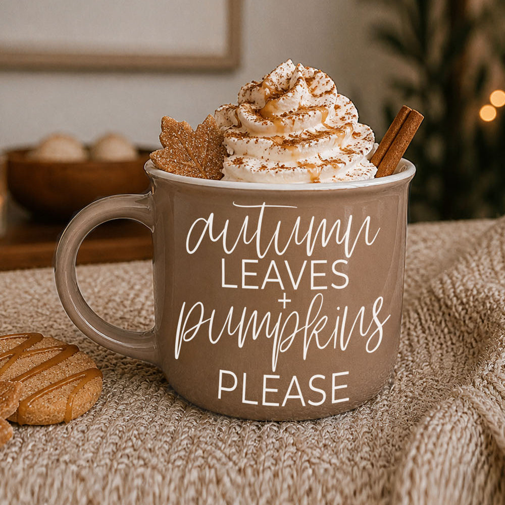 Gia Roma Autumn Leaves mug in taupe with whipped cream, cinnamon sticks and a leaf cookie on Tampa Home & Garden Store