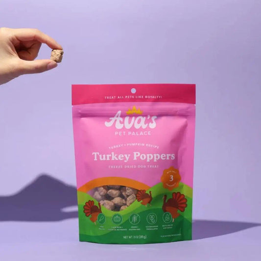 Ava's Pet Palace Freeze Dried Turkey Poppers dog treats bag pink-green packaging with window 3 oz on Tampa Home & Garden Store