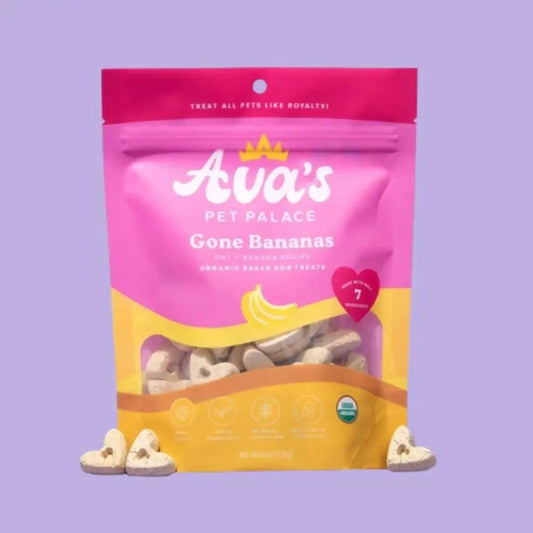 Ava's Pet Palace Gone Bananas organic oven baked dog treats bag with pink top and yellow bottom on Tampa Home & Garden Store