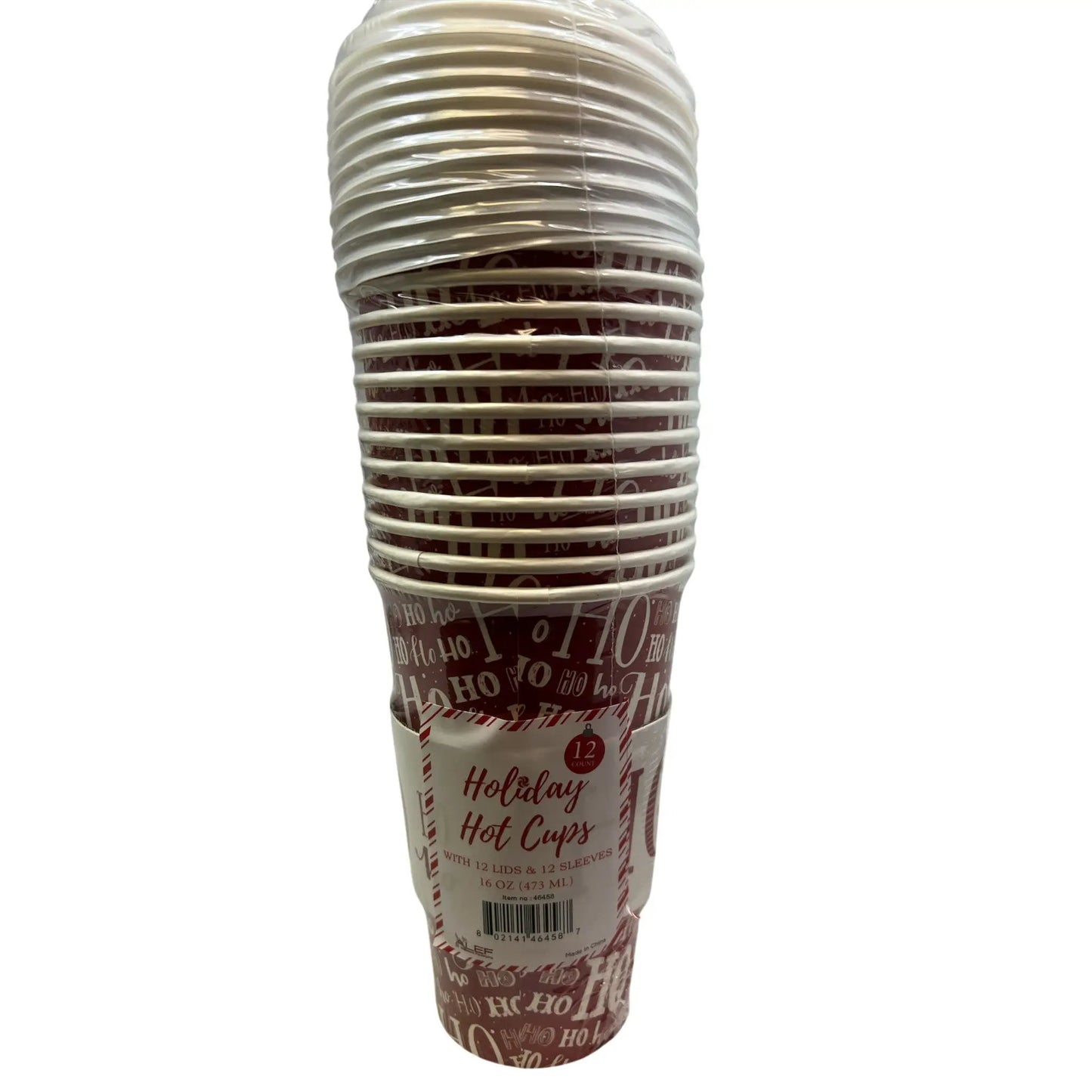 Holiday Ho Ho Ho 16 oz disposable paper cups, 12 count, red with white festive print on Tampa Home & Garden Store