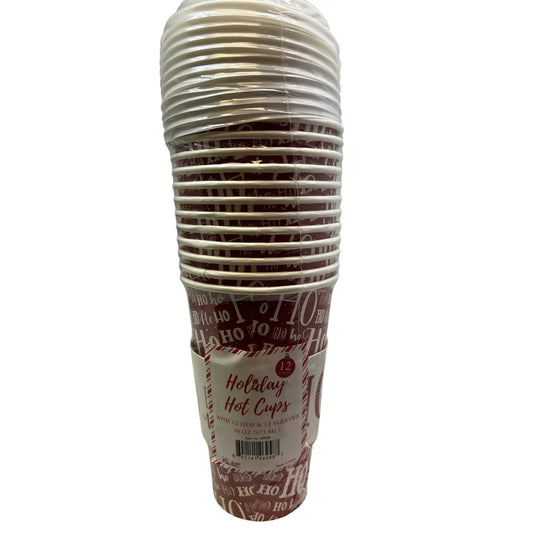 Holiday Ho Ho Ho 16 oz disposable paper cups, 12 count, red with white festive print on Tampa Home & Garden Store