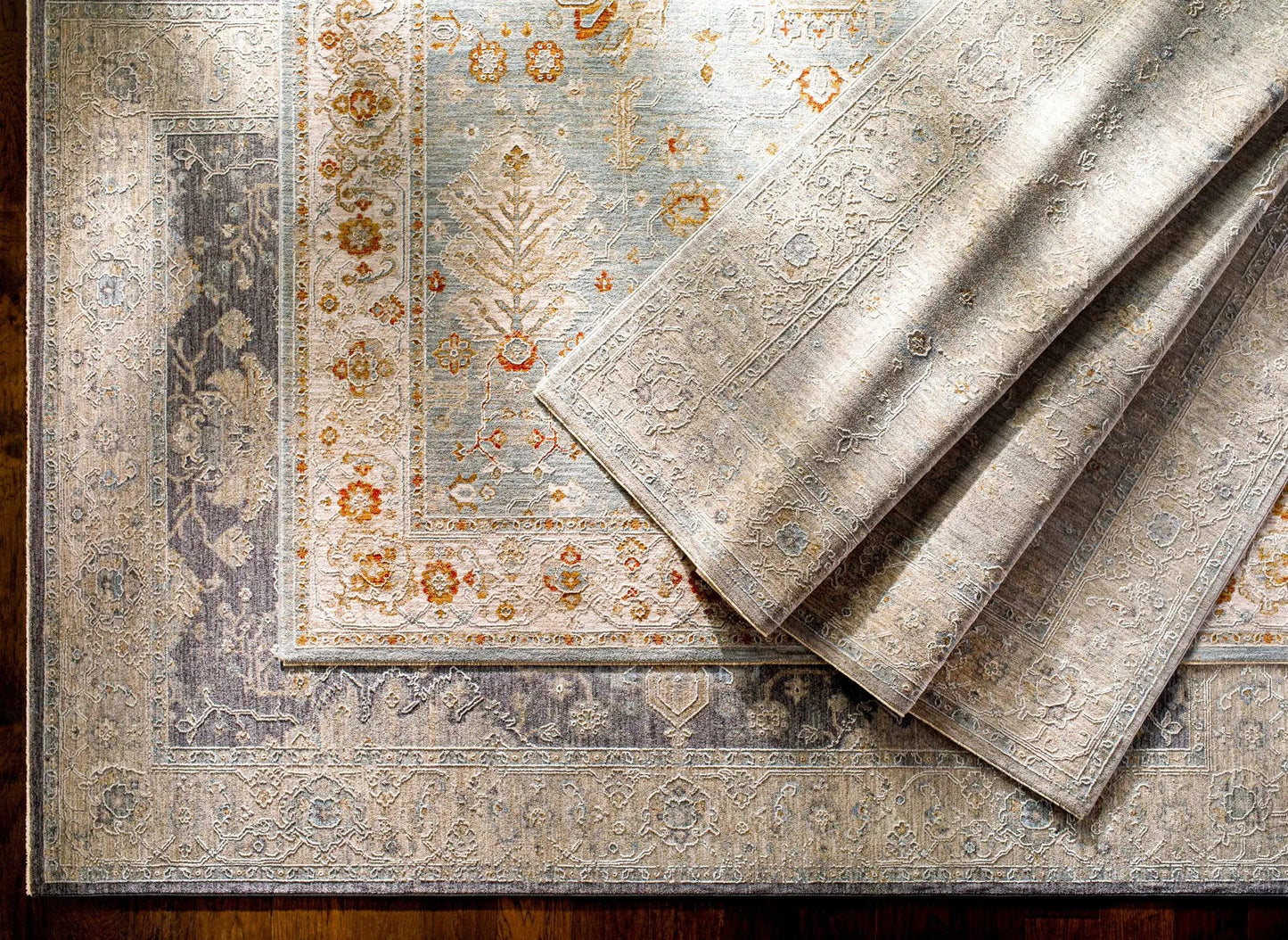 Bradley Oushak Thick Luxe Area Rug Denim, blue distressed floral pattern, Boutique Rugs on Tampa Home & Garden Store