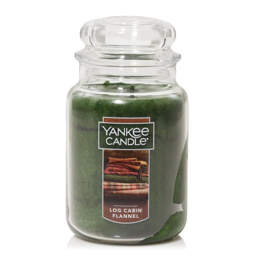 Yankee Candle Log Cabin Flannel jar candle, large green wax in clear glass jar on Tampa Home & Garden Store