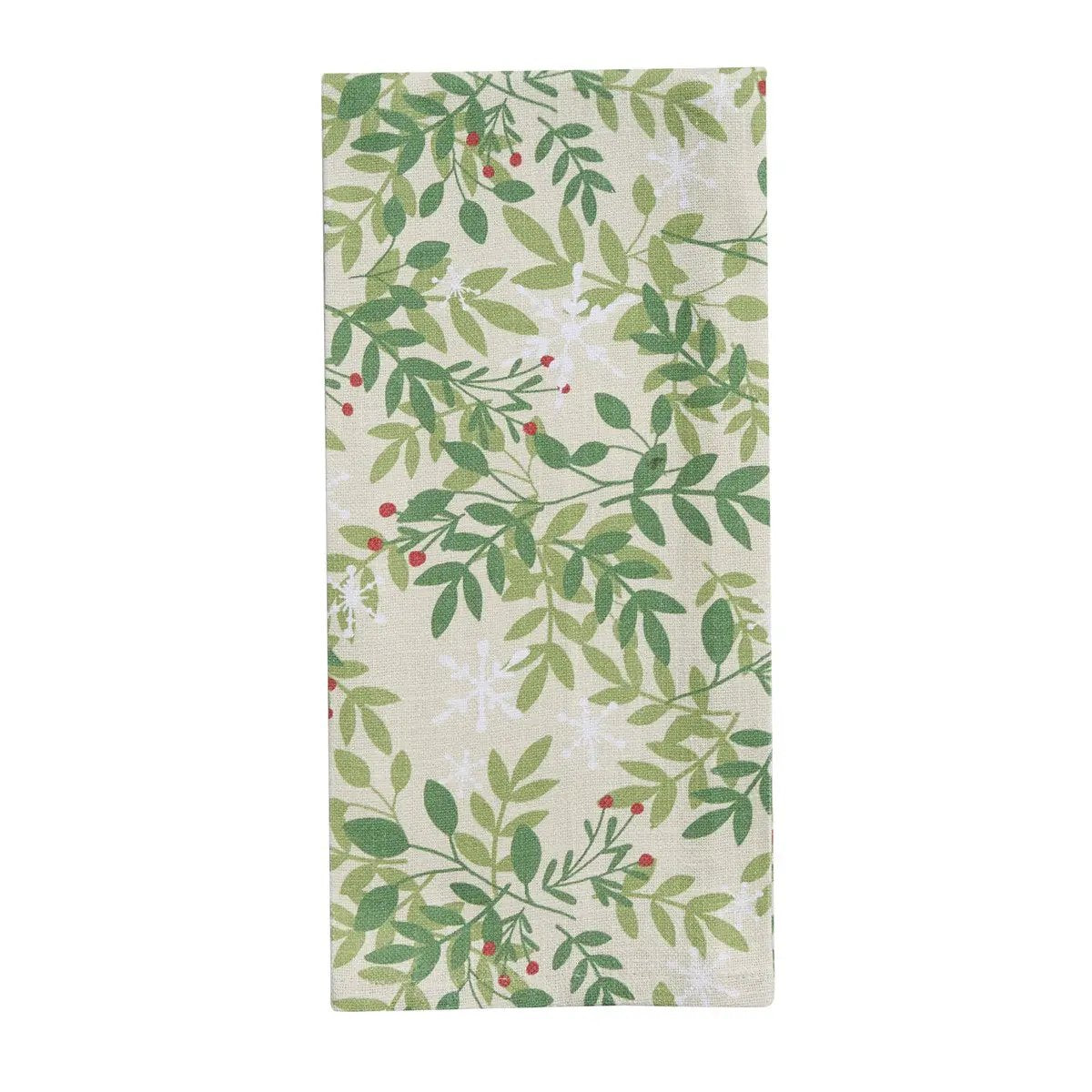 Dish towel Williamsburg Snowflakes and Berries with green leafy pattern on beige background on Tampa Home & Garden Store