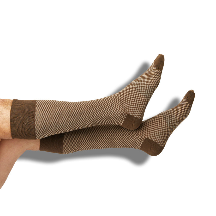 Axl Dress Socks by DeadSoxy, brown and tan checkerboard crew socks, pair on Tampa Home & Garden Store