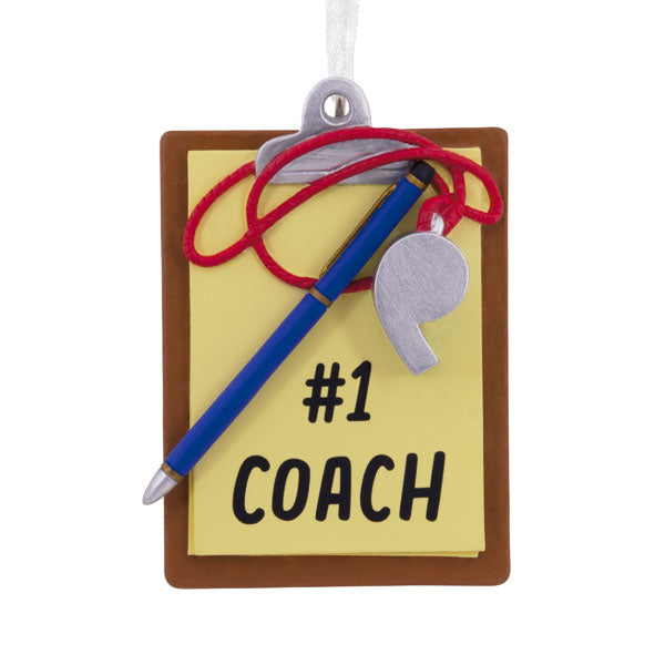 Coaches Clipboard Ornament with yellow notepad, blue pencil, whistle on brown clipboard on Tampa Home & Garden Store