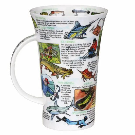World Of Fishing Fine Bone China Mug Glencoe with fishing panels on white bone china on Tampa Home & Garden Store