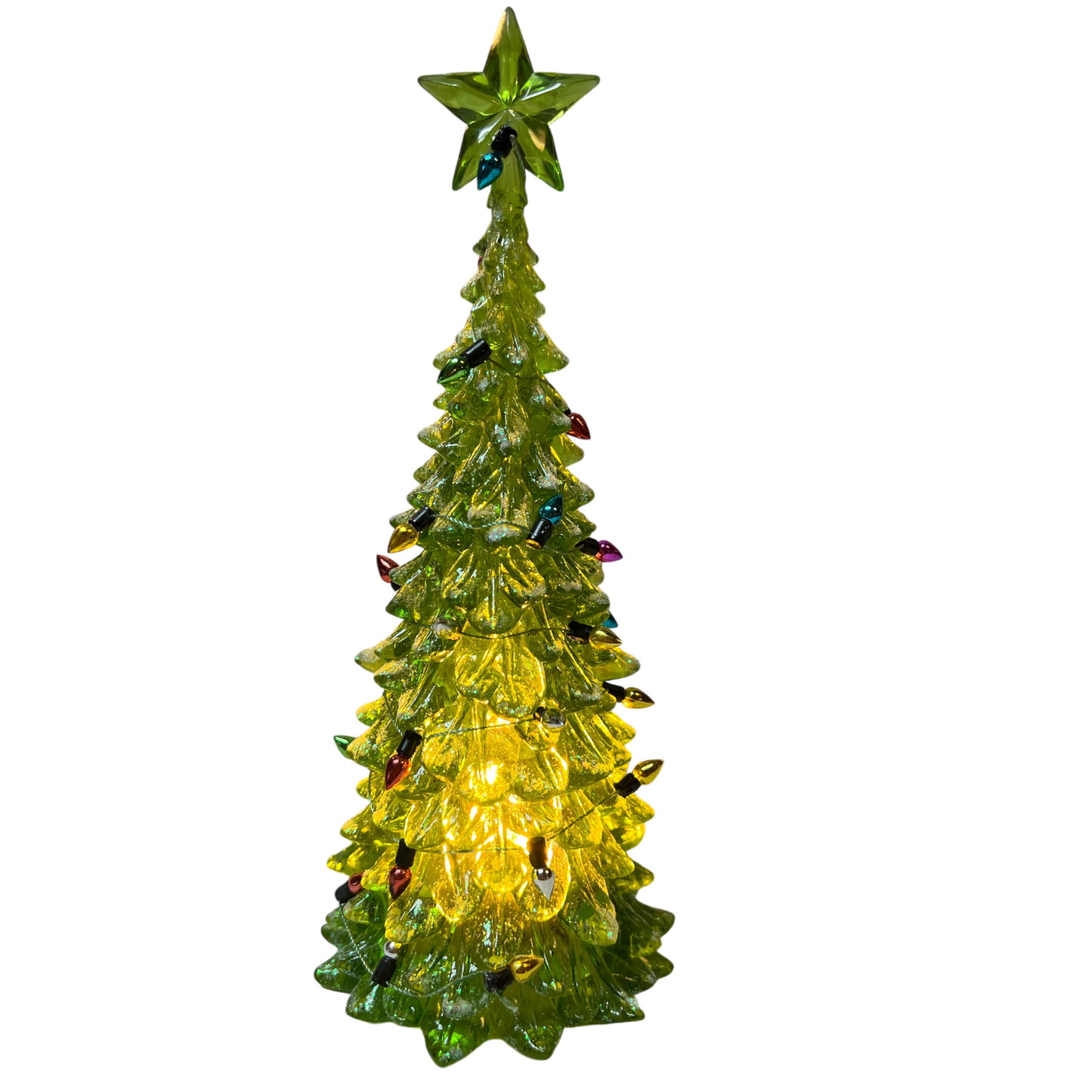 8 Inch Lighted Acrylic Christmas Tree with green star topper and multicolor bulbs on Tampa Home & Garden Store