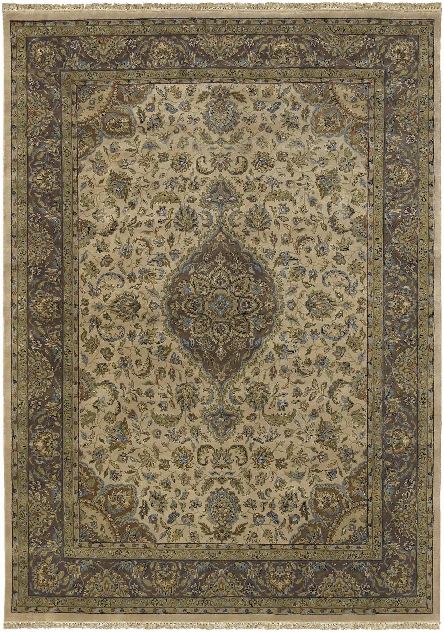Azalia Premium Wool 8' Round Rug Boutique Rugs beige field with blue and brown floral medallions on Tampa Home & Garden Store