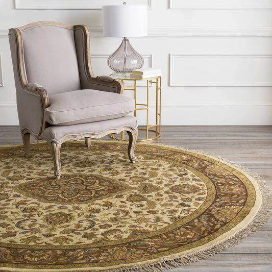 Azalia Premium Wool 8 ft round rug with cream background and ornate multicolor floral border on Tampa Home & Garden Store