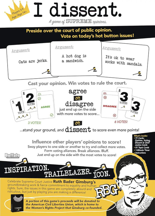 I Dissent Board Game Court of Public Opinion with voting cards and RBG art on Tampa Home & Garden Store