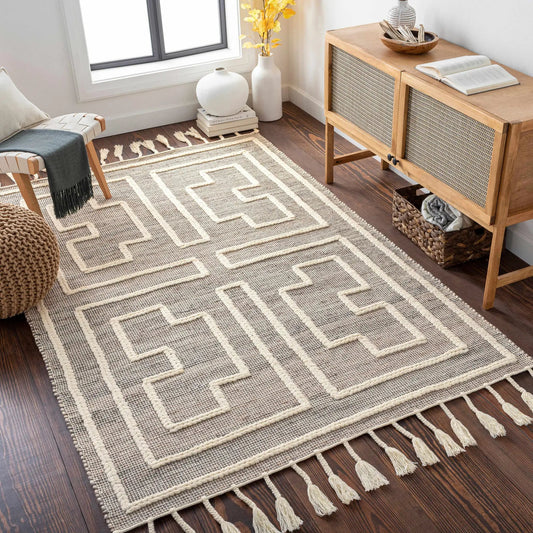 Azra Tasseled Jute and Wool Rug hand woven beige ivory border fringe by Boutique Rugs on Tampa Home & Garden Store