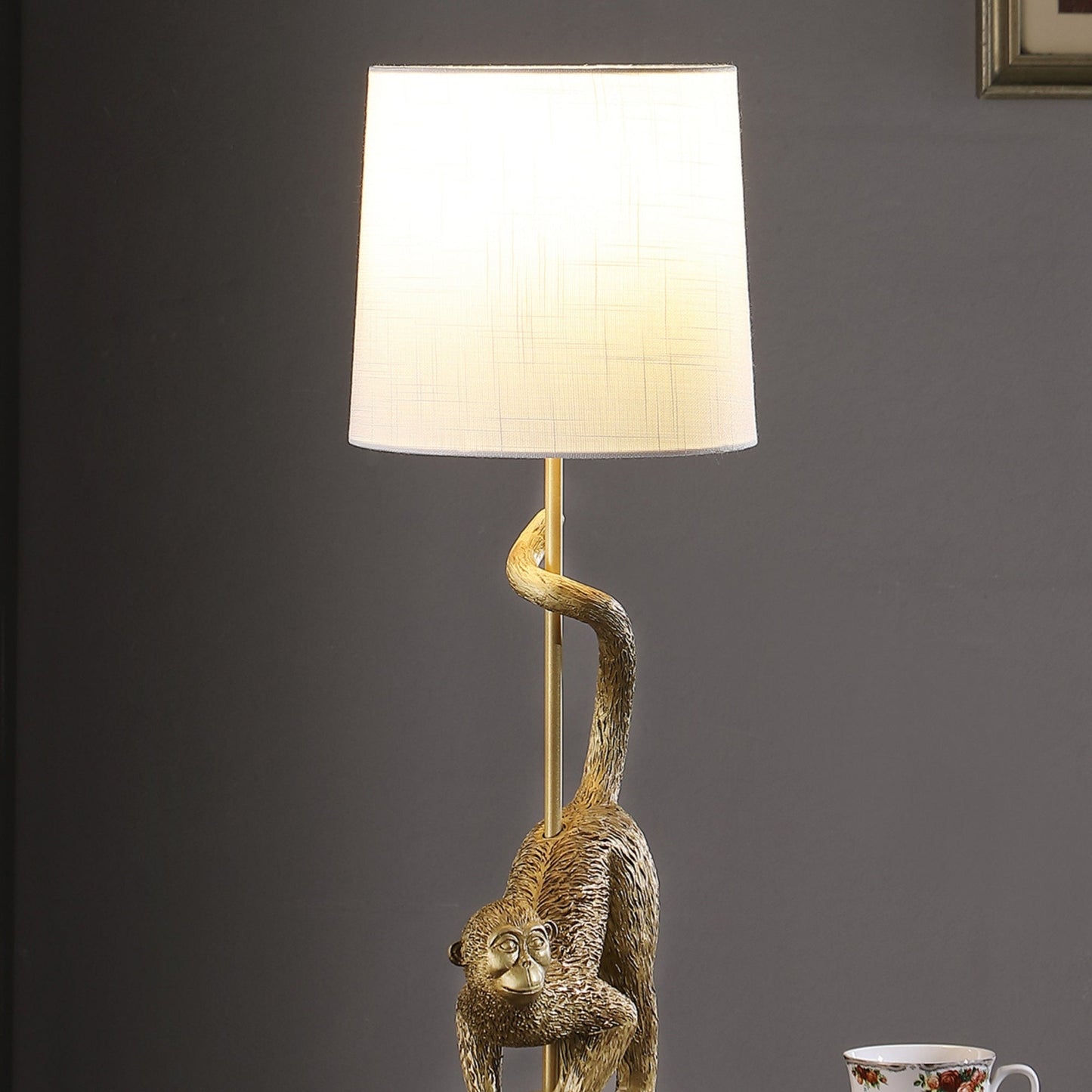 Table lamp 24-inch Old World Capuchin Monkey polyresin with twisting stem and white shade on Tampa Home & Garden Store