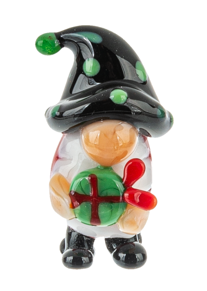 Giving the Gnome Charm ornament with a black hat and green polka dots, holding a green gift on Tampa Home & Garden Store