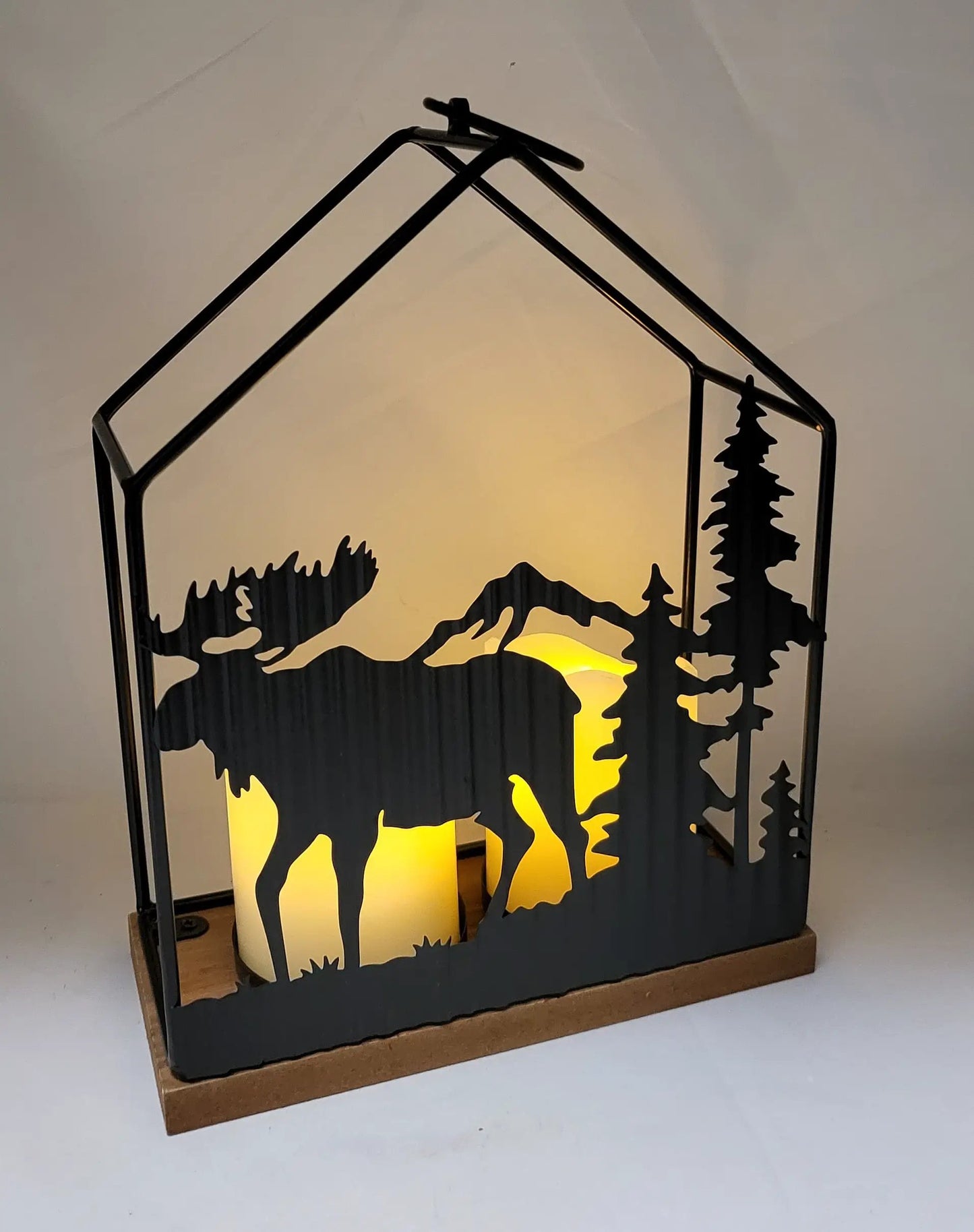 Woodland Silhouette Lantern Candleholder Small, black metal frame with wooden base on Tampa Home & Garden Store