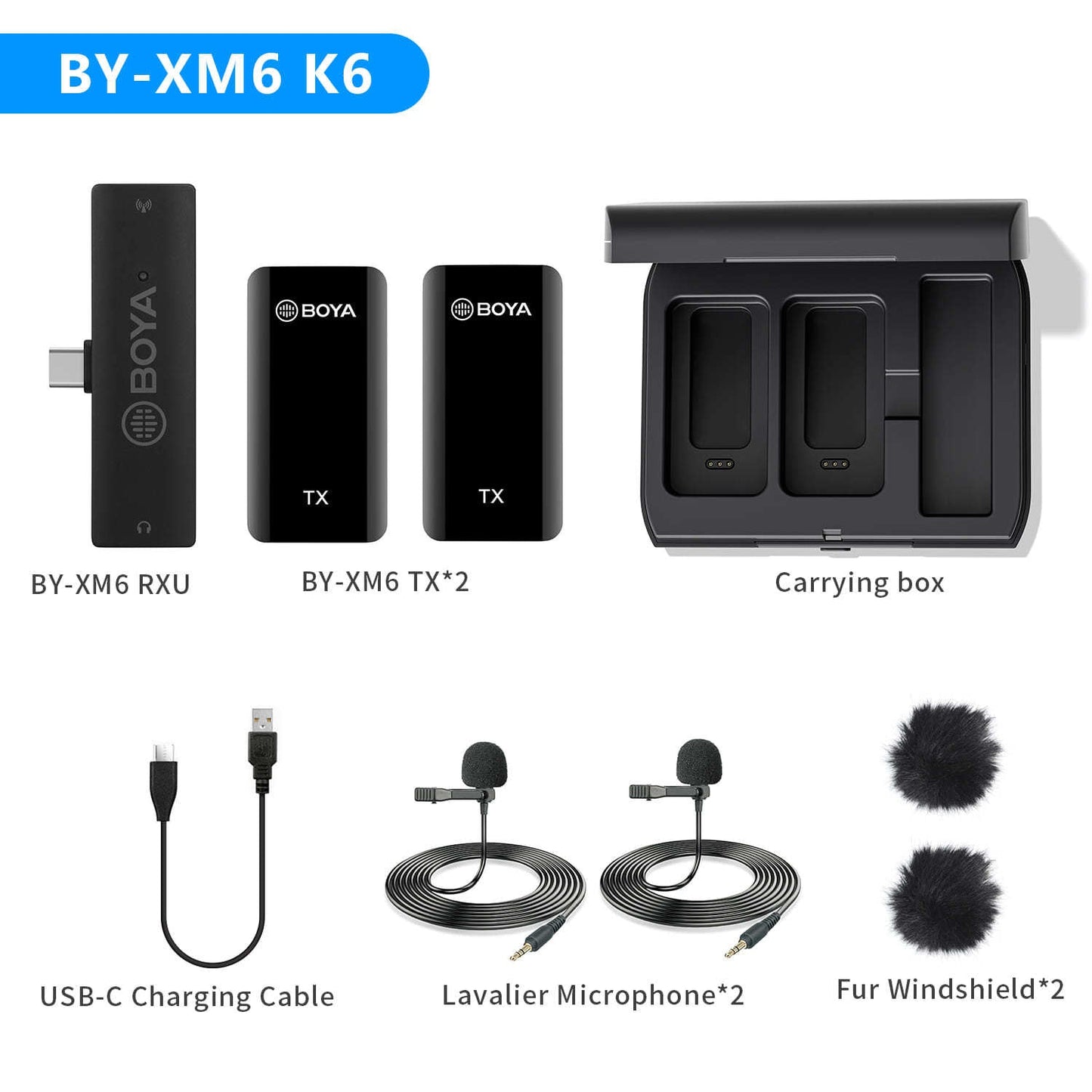 Clip-on wireless mic BY-XM6 kit with two TX transmitters and RXU receiver by BOYA, carrying box on Tampa Home & Garden Store