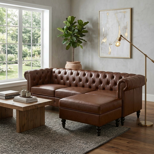 U-style 85-inch L-shaped 4-seater sectional sofa with storage ottoman in brown leather on Tampa Home & Garden Store