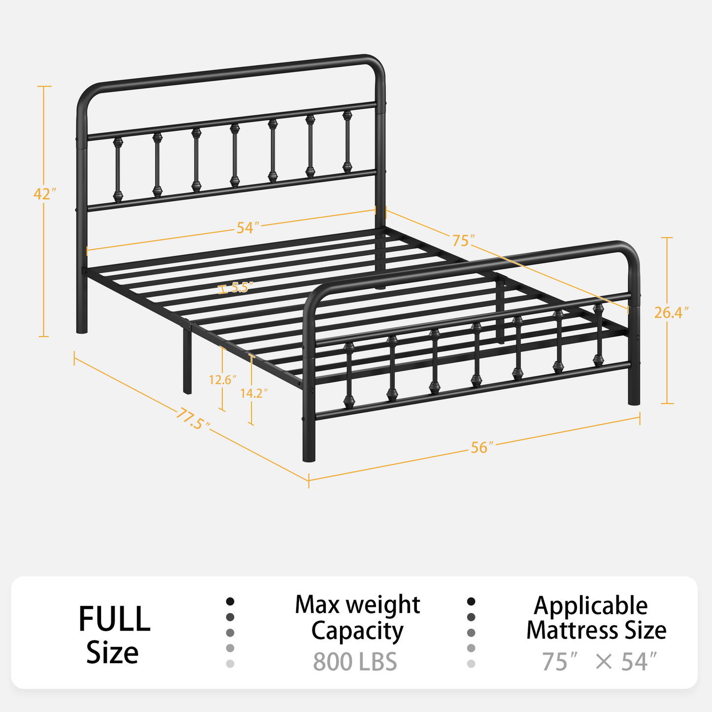 Black metal full-size bed frame with curved headboard, spindle posts, and slatted base on Tampa Home & Garden Store