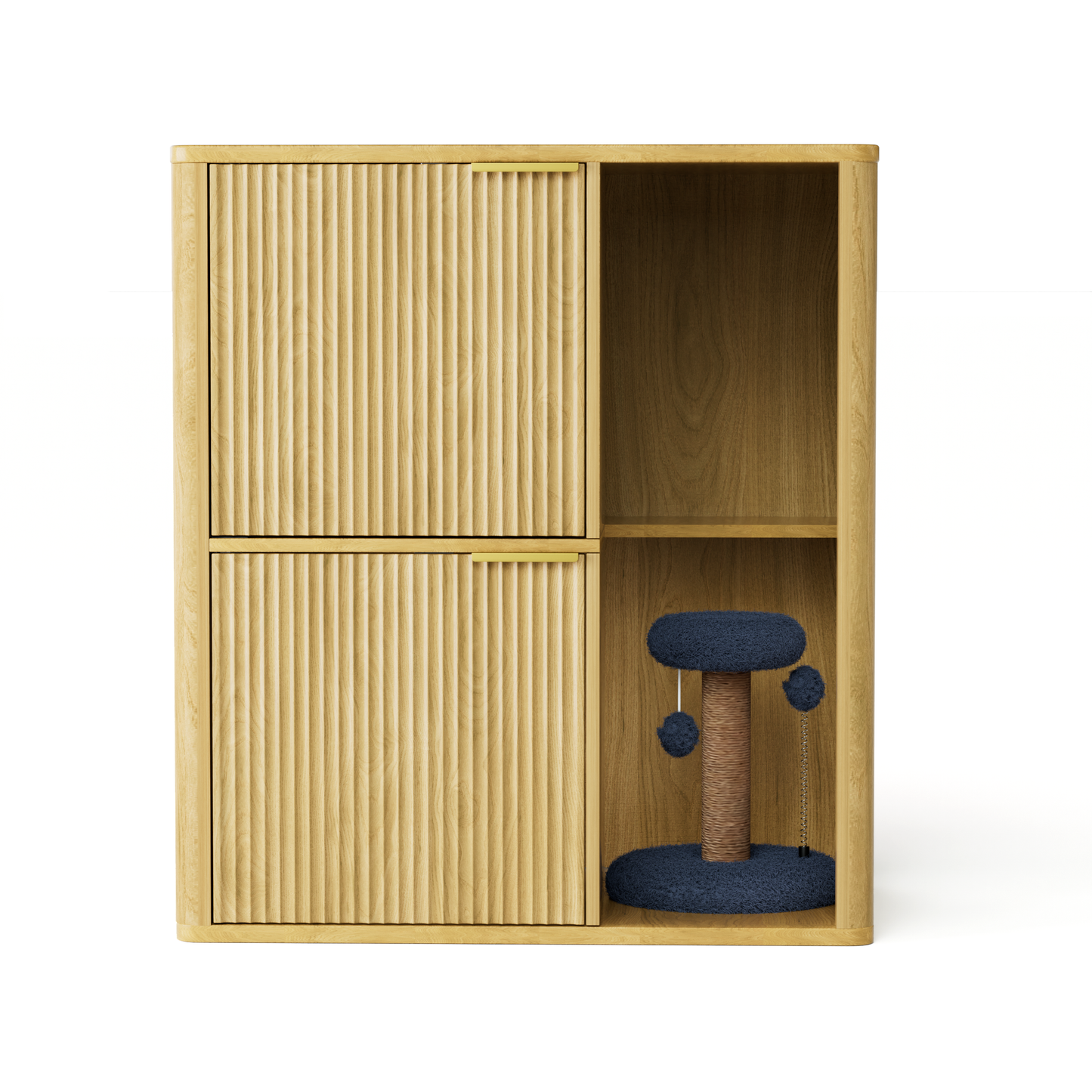 31.5-inch light wood cat litter cabinet with cat tree, open shelf, rope post, blue cushions on Tampa Home & Garden Store