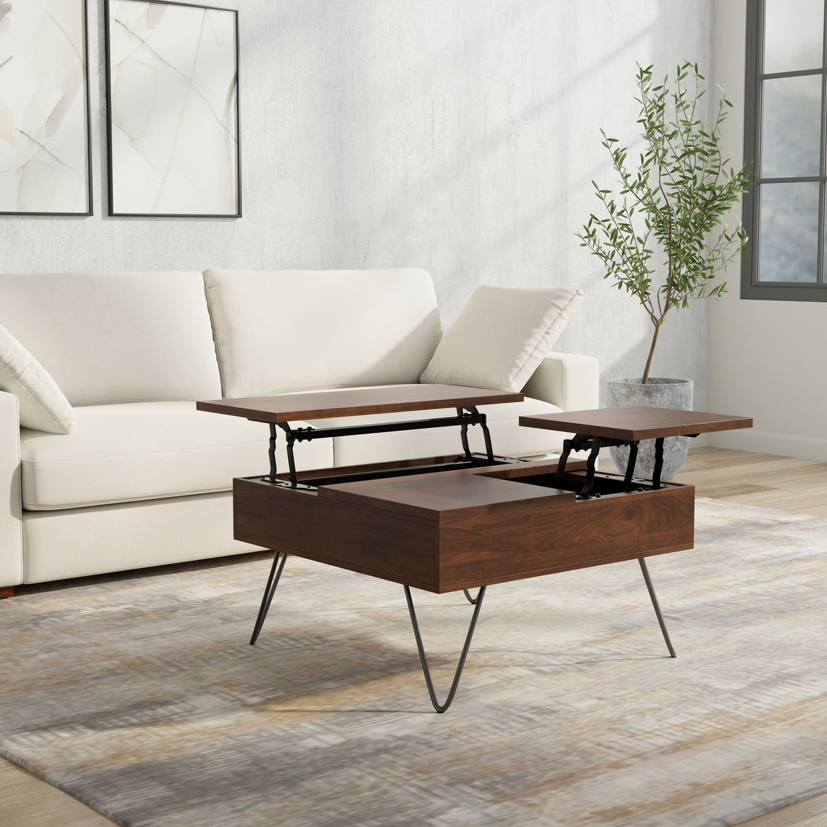 Square walnut lift-top coffee table with hidden storage HouseOfZazla metal legs in living room on Tampa Home & Garden Store