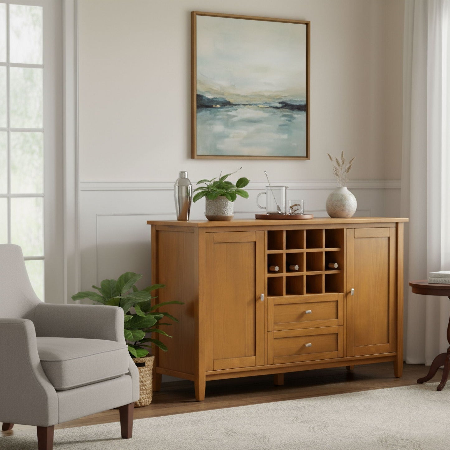 Warm Shaker storage cabinet with wine rack in brown wood finish by HouseOfZazla on Tampa Home & Garden Store