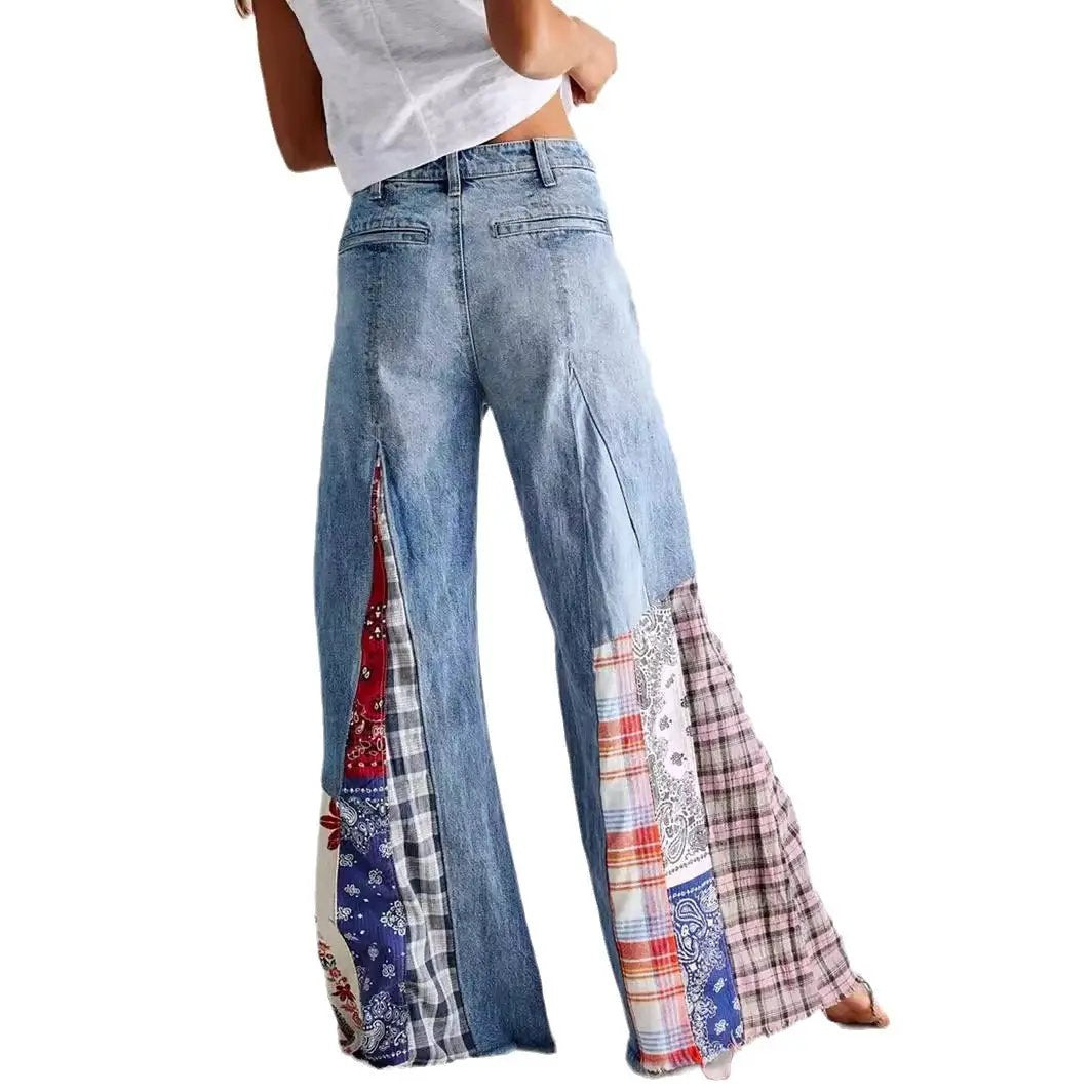 Retro Denim Patchwork High Waist Wide-Leg Jeans by FLIPSTYLEZLLC with light wash patches on Tampa Home & Garden Store