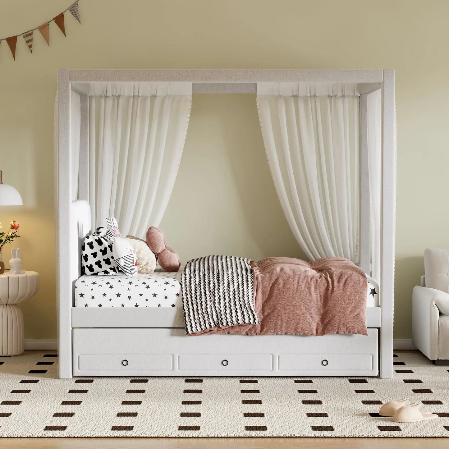 Upholstery canopy bed with trundle and three storage drawers white Unique Piece Furniture on Tampa Home & Garden Store