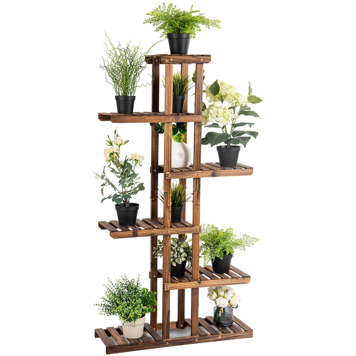 Six Tier Garden Wooden Shelf Plant Rack Stand in rustic brown with shelves and potted plants on Tampa Home & Garden Store