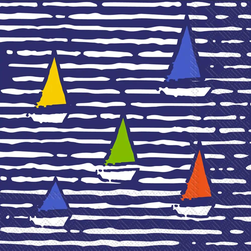 Waterline Boats Cocktail Napkins 3-ply 5x5, colorful sailboats on blue striped water on Tampa Home & Garden Store