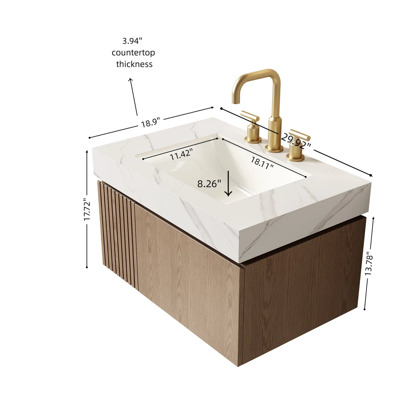 HouseOfZazla MURI 30-inch floating bathroom vanity with Carrara countertop and gold faucet on Tampa Home & Garden Store