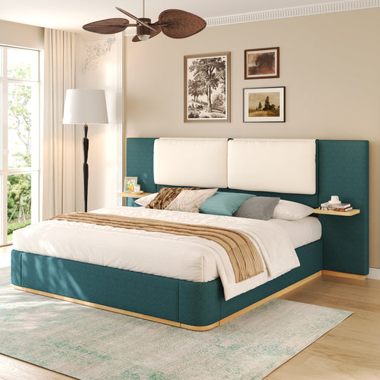 Queen Upholstered Platform Bed And Shelves
