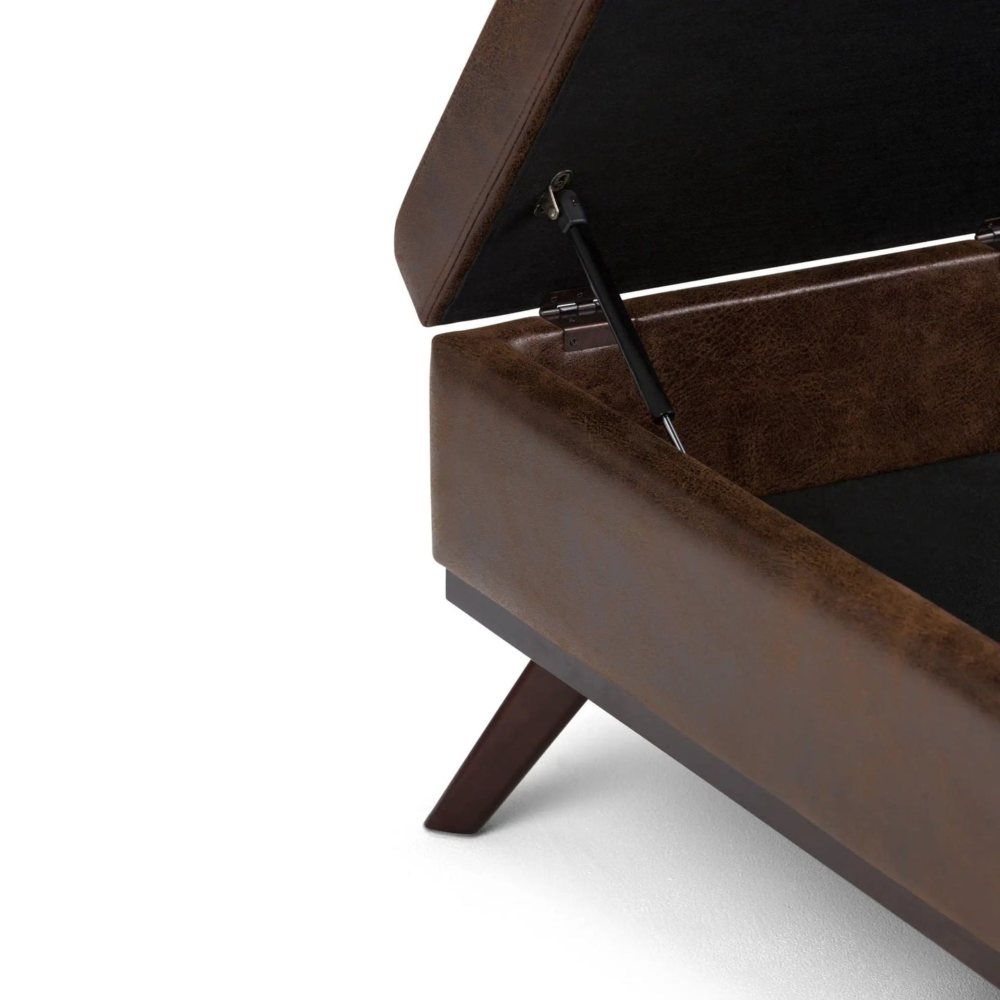 Owen storage ottoman in distressed chestnut brown leather with lid and wooden legs on Tampa Home & Garden Store