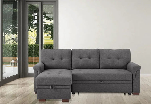 Destiny reversible sleeper sectional sofa with storage chaise in gray fabric, tufted backs on Tampa Home & Garden Store