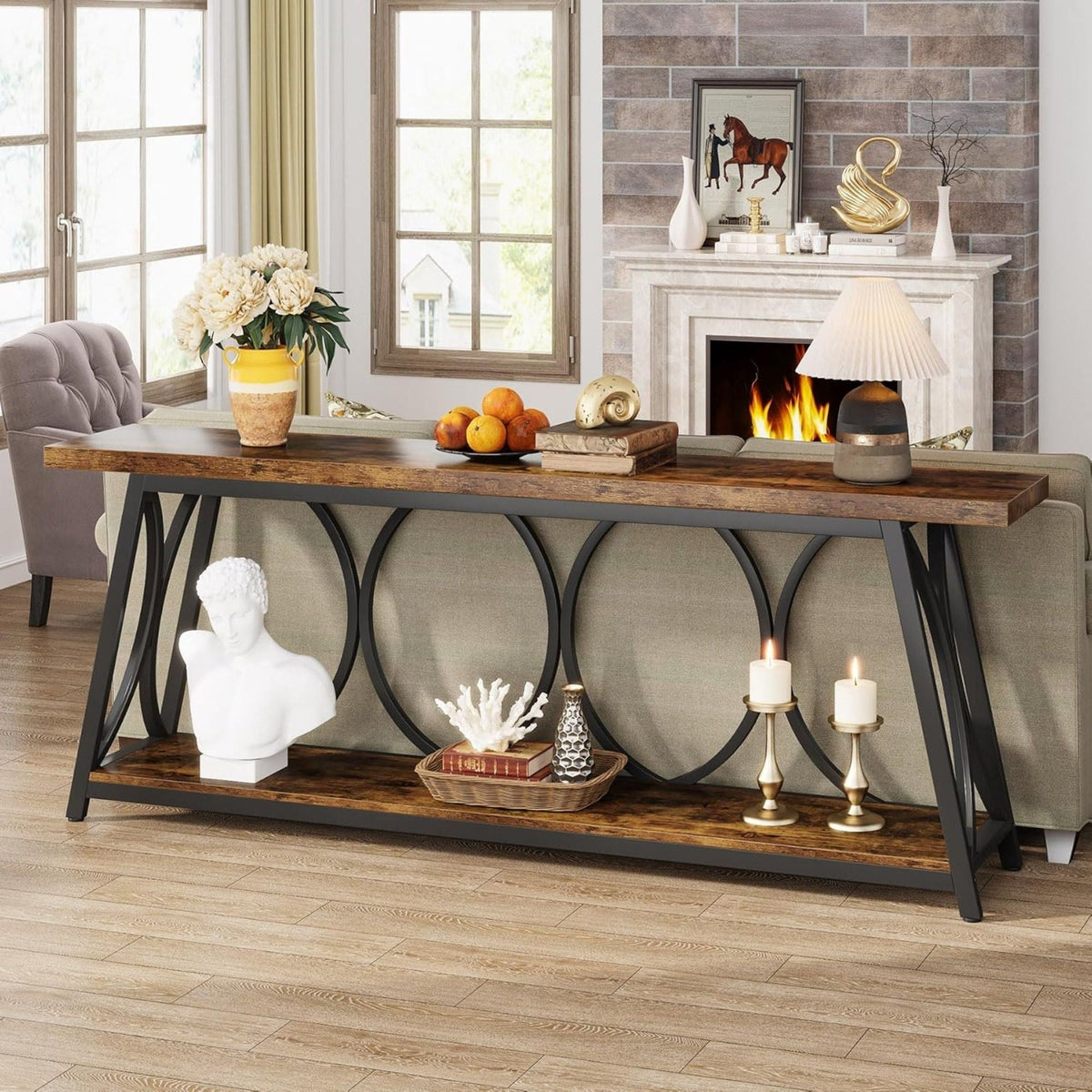 Extra Long Console Table with 2-Tier Storage Shelves in brown/black; wooden top, metal legs on Tampa Home & Garden Store