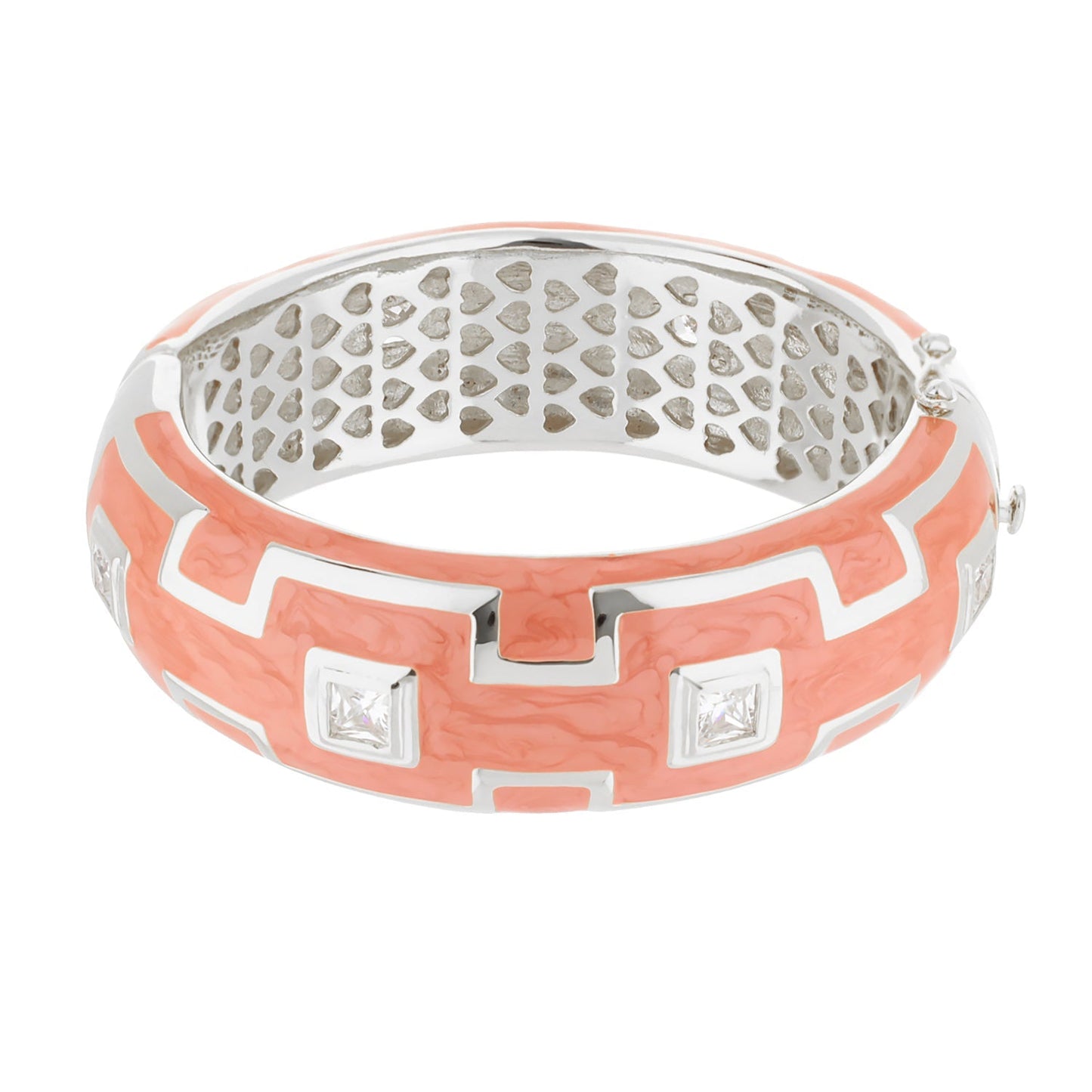 Greek Key Bangle coral pink with white key pattern and crystals on Tampa Home & Garden Store