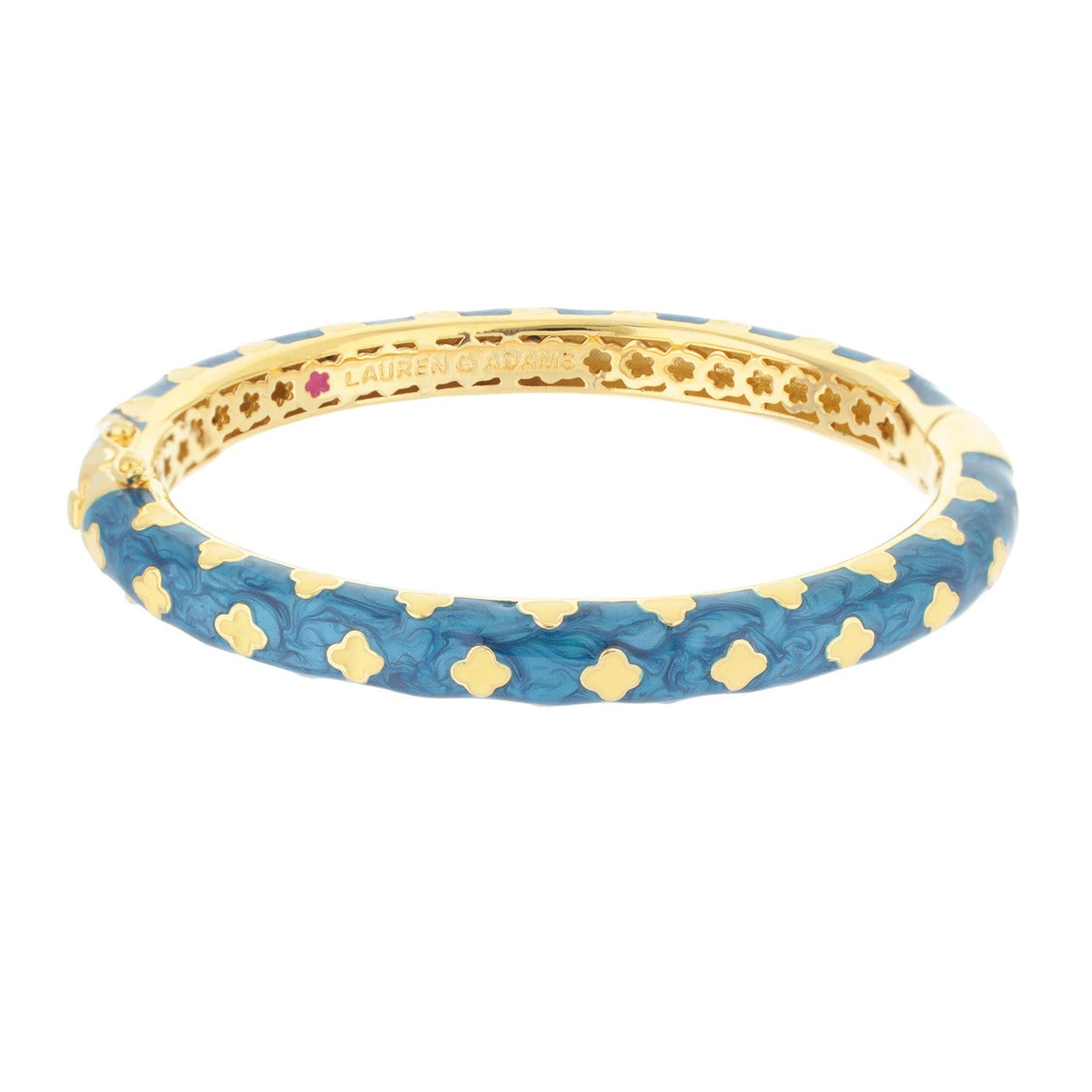 Art Deco Stackable Bangle by Lauren G Adams, gold-tone with blue enamel and clover motifs on Tampa Home & Garden Store