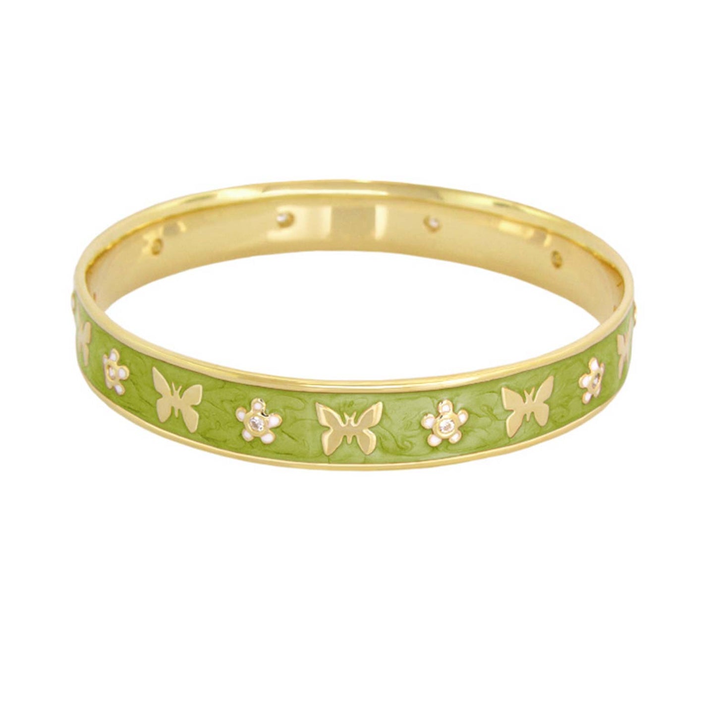 Butterfly World Bangle by Lauren G Adams, green enamel bracelet with gold butterfly motifs on Tampa Home & Garden Store