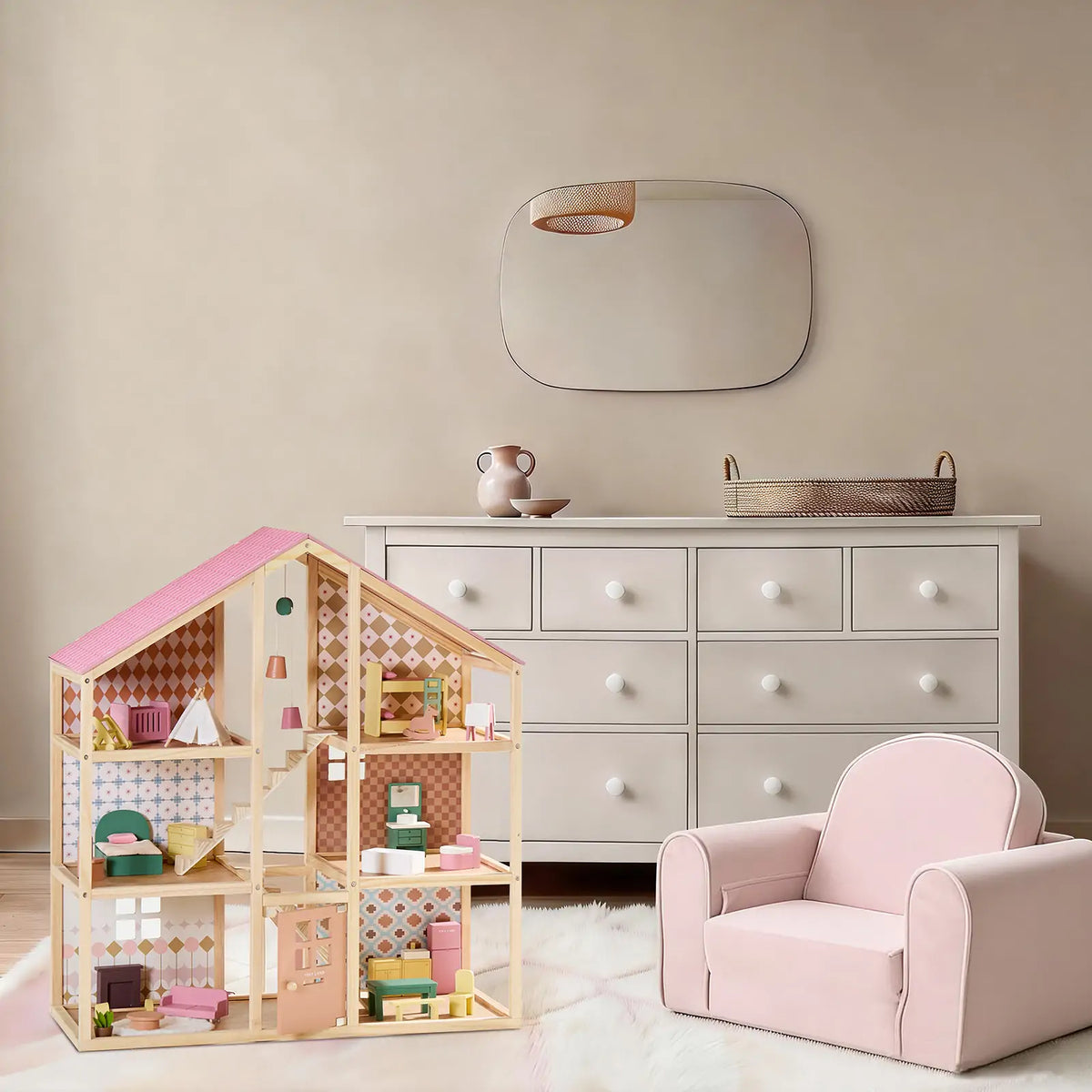 Tiny Land Sweetwood Pegasus Dollhouse in natural wood with pink accents and wooden dolls on Tampa Home & Garden Store