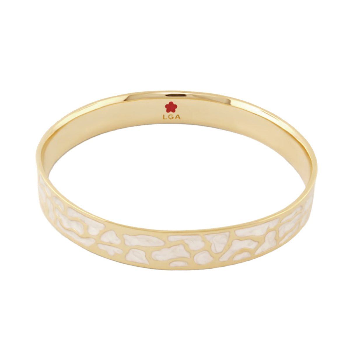 Animal Paradise Bangle — Giraffe Print bracelet in gold with white enamel spots; LGA logo inside on Tampa Home & Garden Store