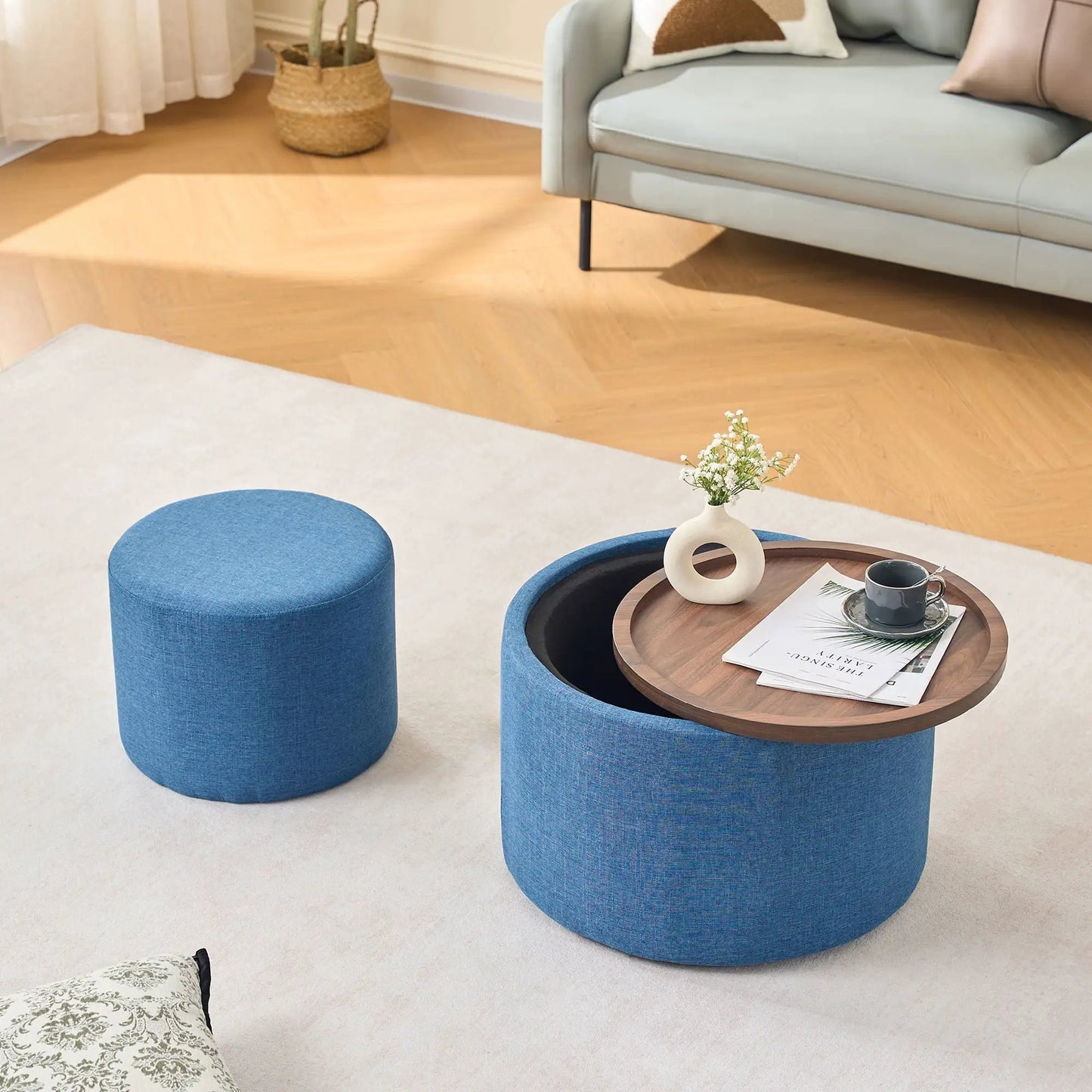 Nesting ottomans and round coffee table with tray in blue fabric (set of 2) on Tampa Home & Garden Store