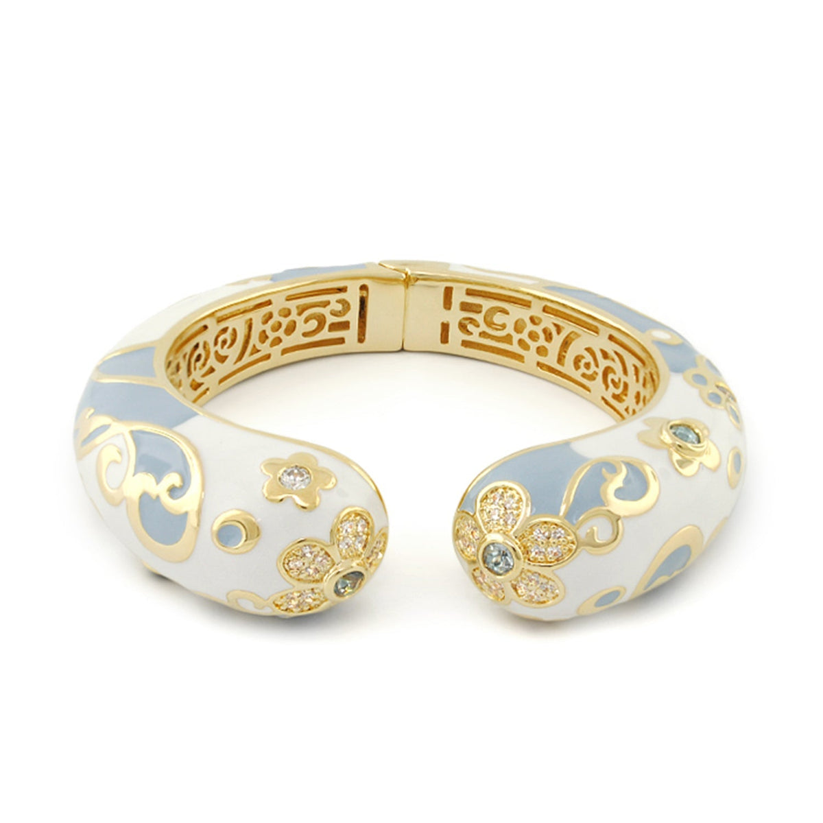 Daisy Swirl Bangle in white and powder blue enamel with gold floral filigree and crystal accents by Lauren G Adams on Tampa Home & Garden Store