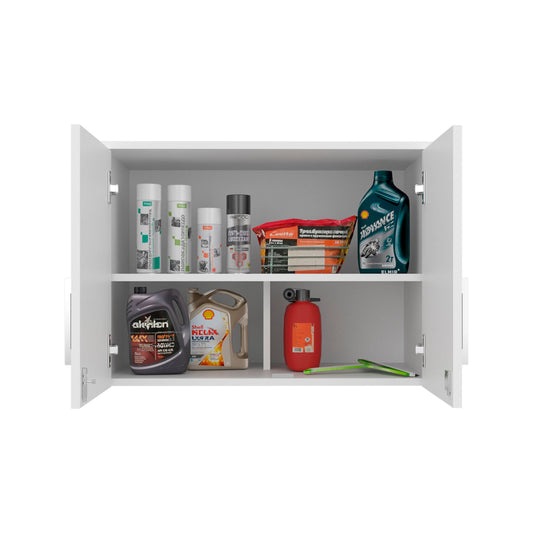 Danbury Wall Storage Cabinet by HouseOfZazla white with shelves of cleaning bottles and oils on Tampa Home & Garden Store