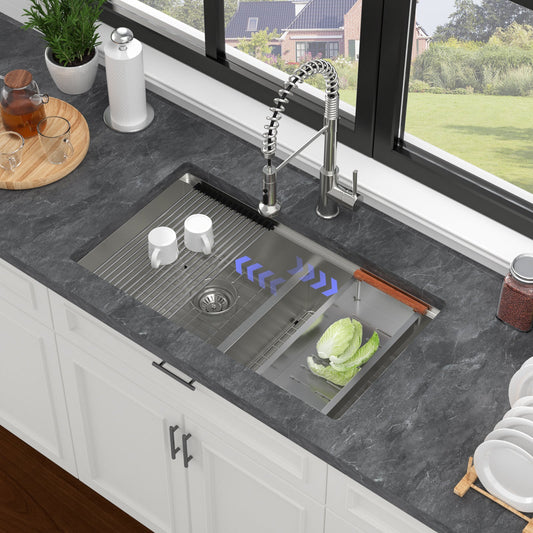 Double bowl undermount stainless sink with chrome spring pull-down faucet and integrated drying rack on Tampa Home & Garden Store
