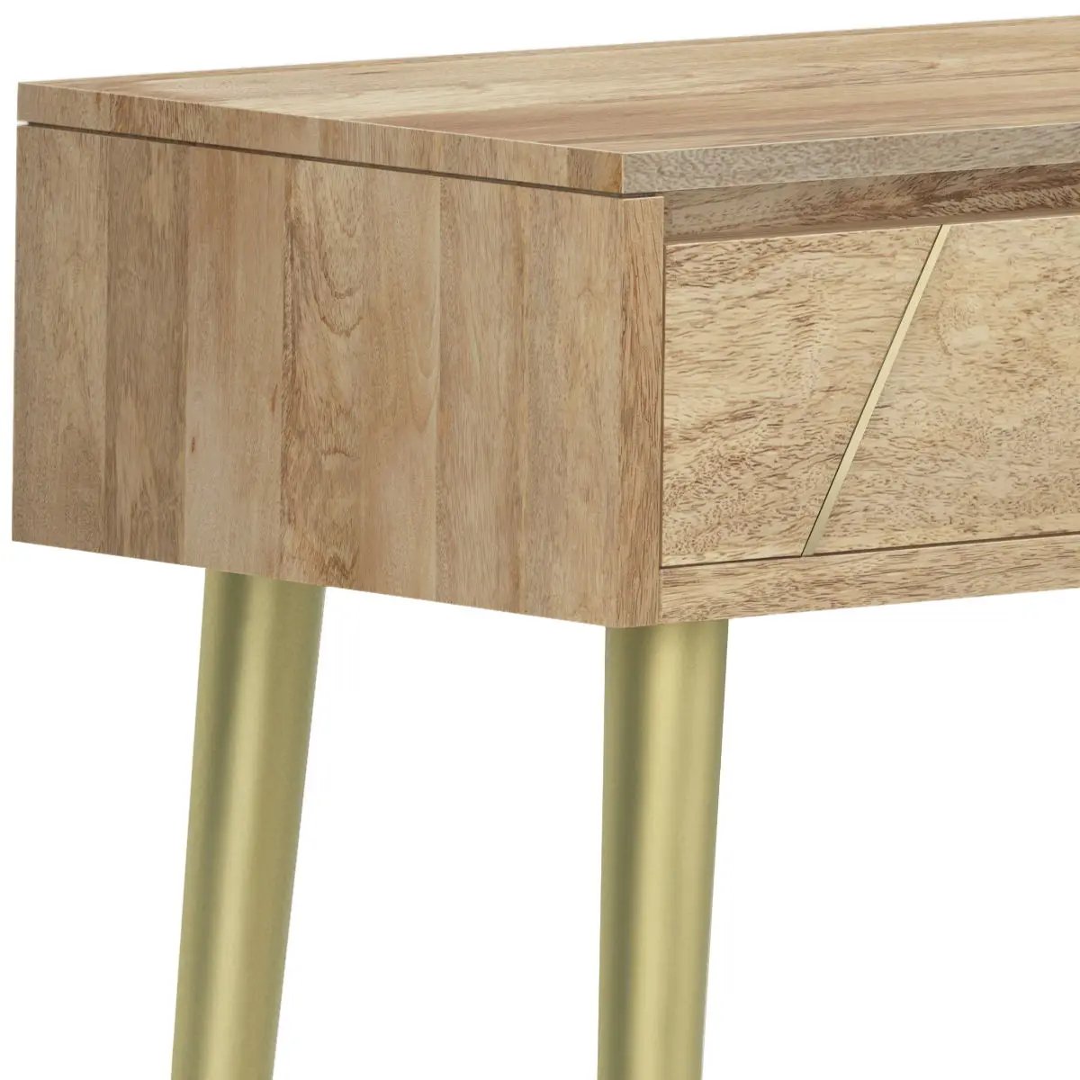 Jager console table, natural wood finish with gold metal legs and angled brass drawer accent on Tampa Home & Garden Store