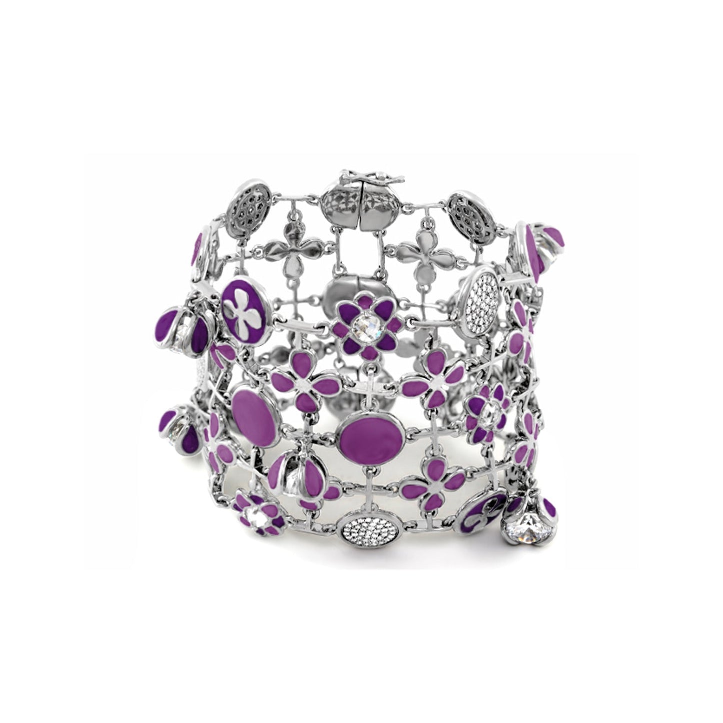 Beautiful Blossom bracelet by Lauren G Adams, silver chain with purple enamel flower charms and crystal centerpiece on Tampa Home & Garden Store