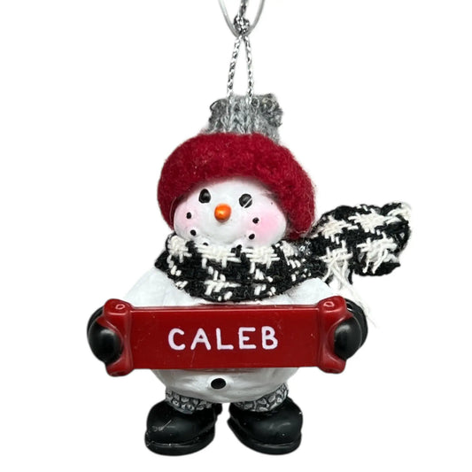Cozy Snowman Ornament with red hat and black-and-white scarf, Caleb name sign on a red sleigh on Tampa Home & Garden Store