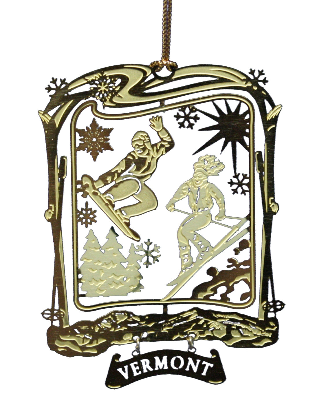 Solid Brass Vermont Ski and Snowboarder Ornament with skier and snowboarder among trees on Tampa Home & Garden Store