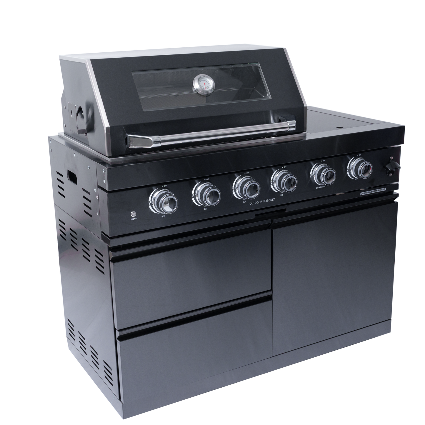Black four-burner gas grill in stainless steel with hood thermometer and chrome knobs on Tampa Home & Garden Store